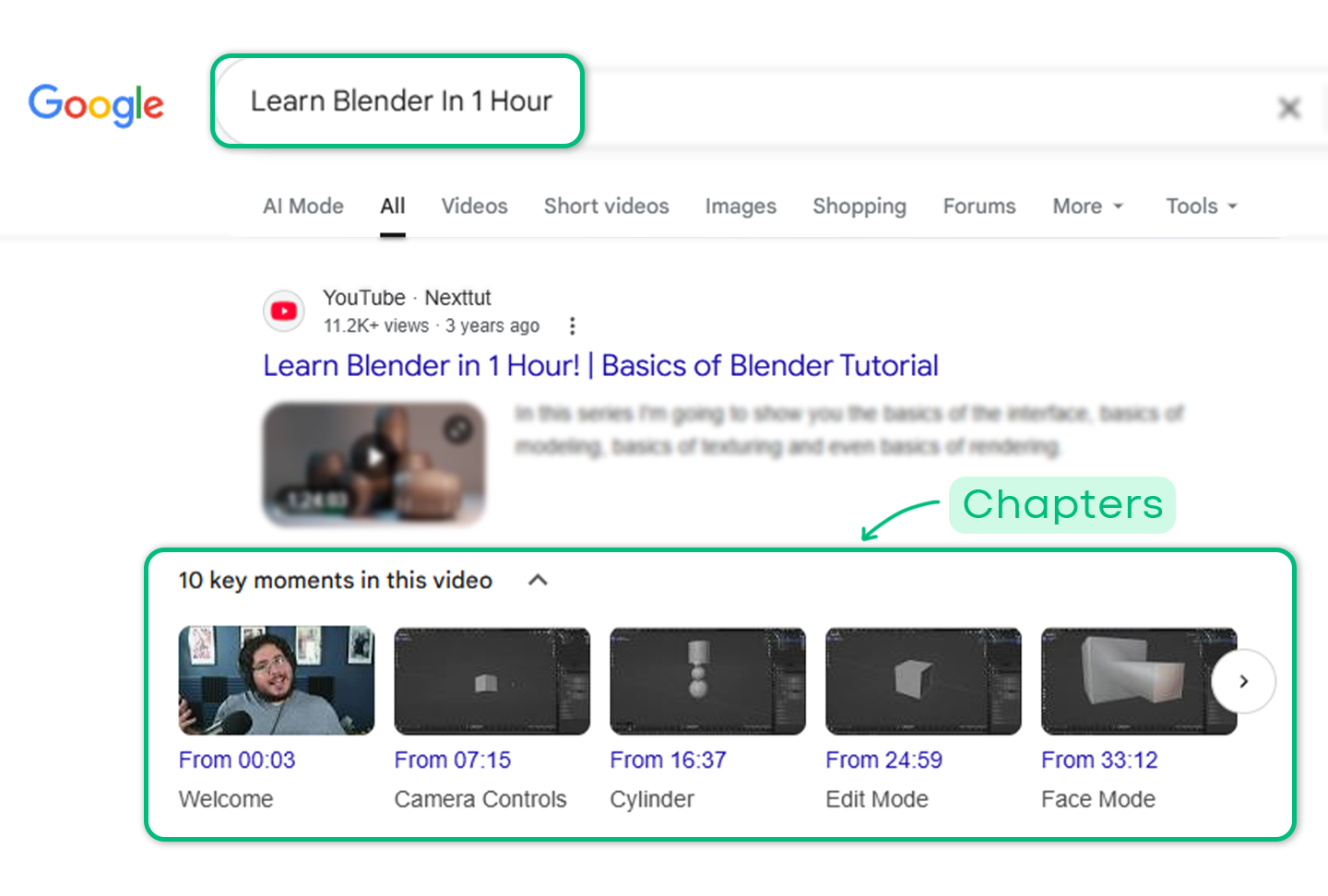Google search results showing YouTube videos with chapter timestamps
